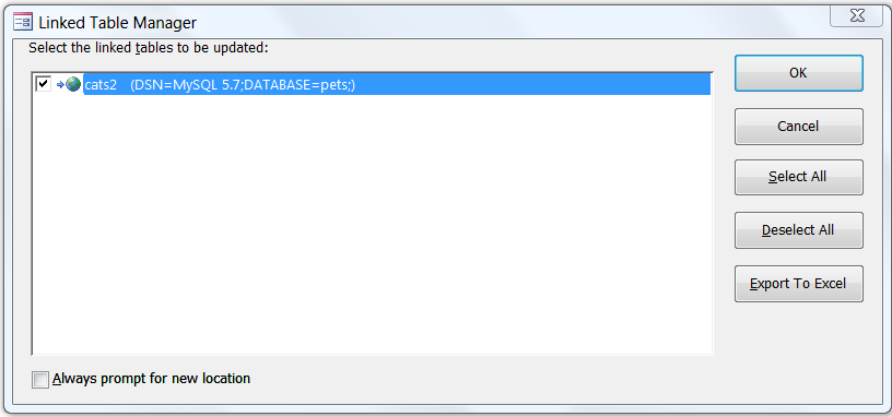 Shows the "Linked Table Manager" dialog with the cats2 table selected with its associated check box selected.