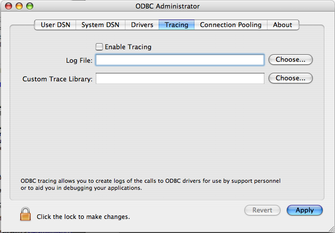 Shows a default Tracing dialog with options including file locations for the "Log File" and "Custom Trace Library", and a check box to enable or disable tracing.