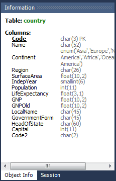 Information for an example table object shows the columns of the selected table.