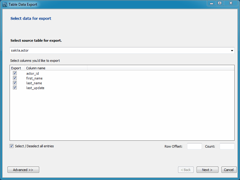 Select data for export.