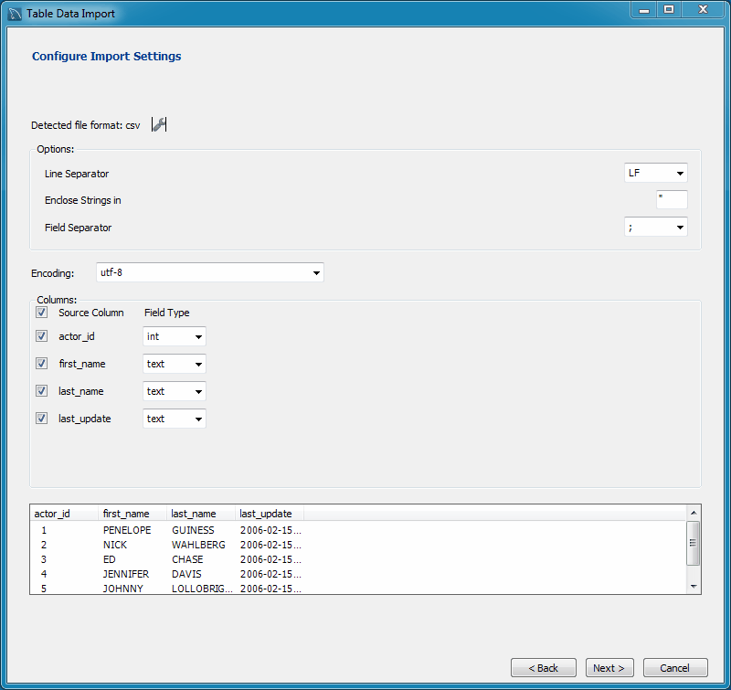 Configure import settings.